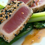Crisp Seared Tuna with Sesame Seeds and Sautéed Bok Choy